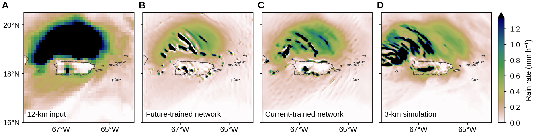 Four rain maps: a blocky 12-km input, the outputs of the future-trained and the current-trained networks, and the 3-km simulation.
