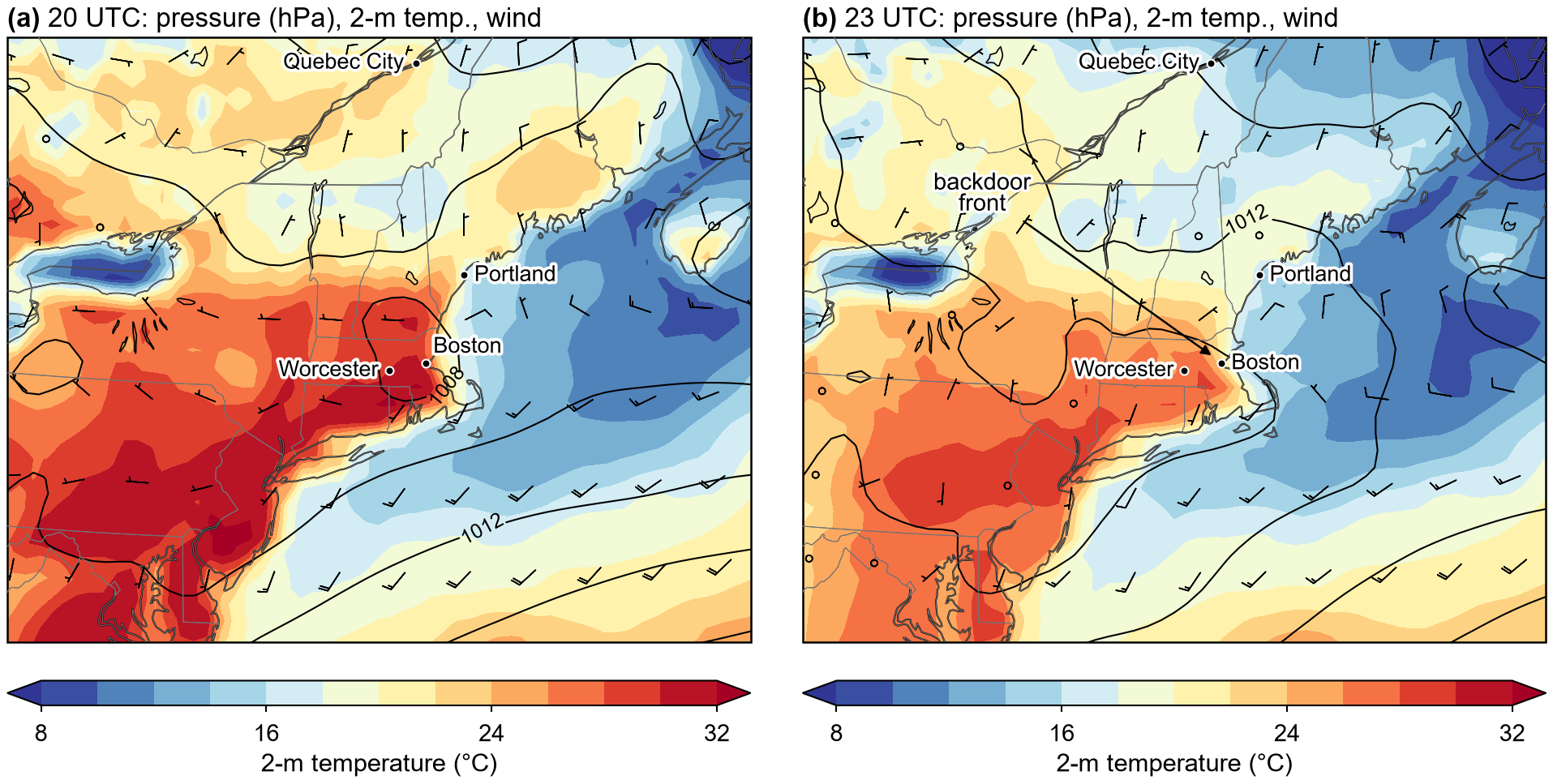 ERA5 maps for the backdoor cold front case, 2000 and 2300 UTC 26 May 2018