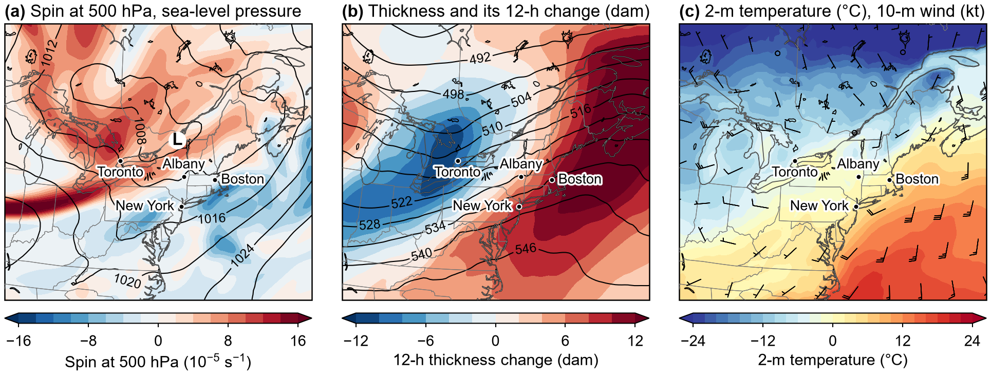 ERA5 maps for the Alberta clipper case, 0000 UTC 23 January 2008