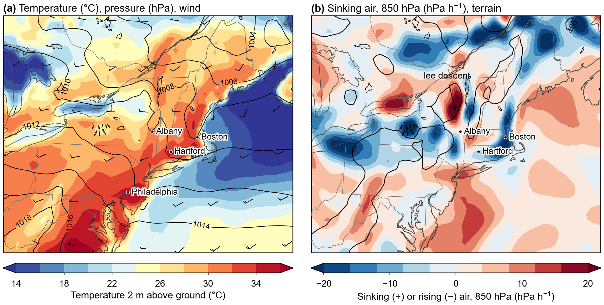 ERA5 maps for the downslope warming case, 1800 UTC 8 June 2008