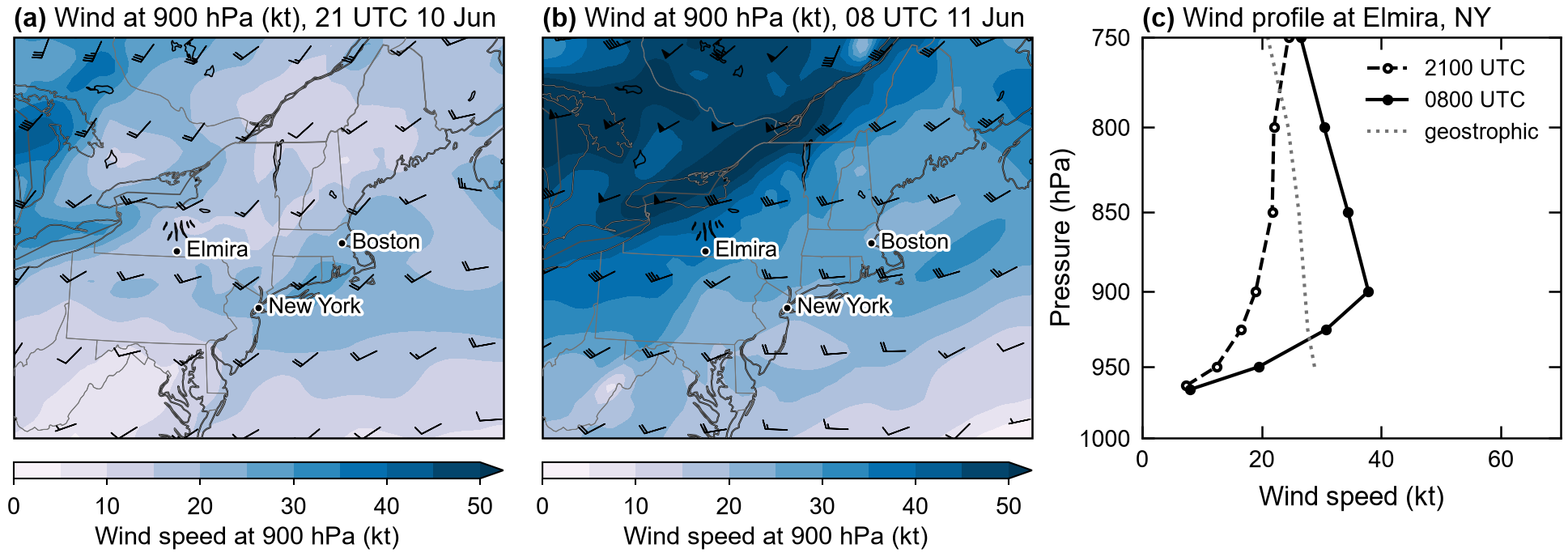 ERA5 maps for the low-level jet case, 2100 UTC 10 June and 0800 UTC 11 June 2017