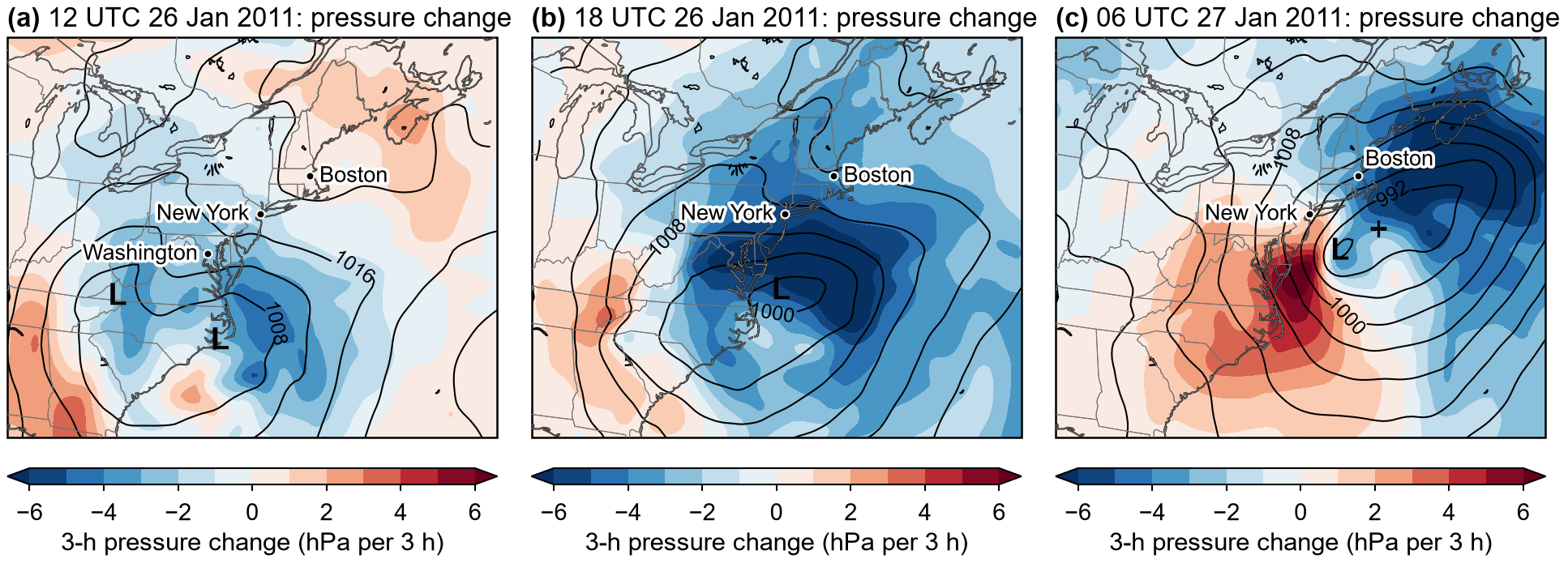 ERA5 maps for the Miller type B case, 1200 and 1800 UTC 26 January and 0600 UTC 27 January 2011