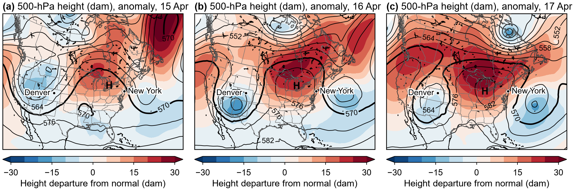 ERA5 maps for the omega block case, 1200 UTC 15, 16 and 17 April 2016
