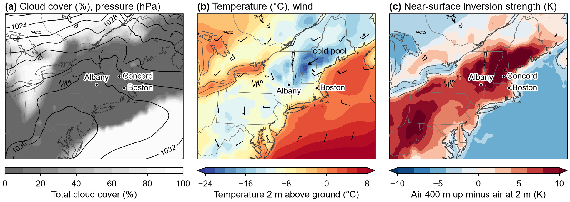 ERA5 maps for the radiational cooling case, 0900 UTC 6 January 2016