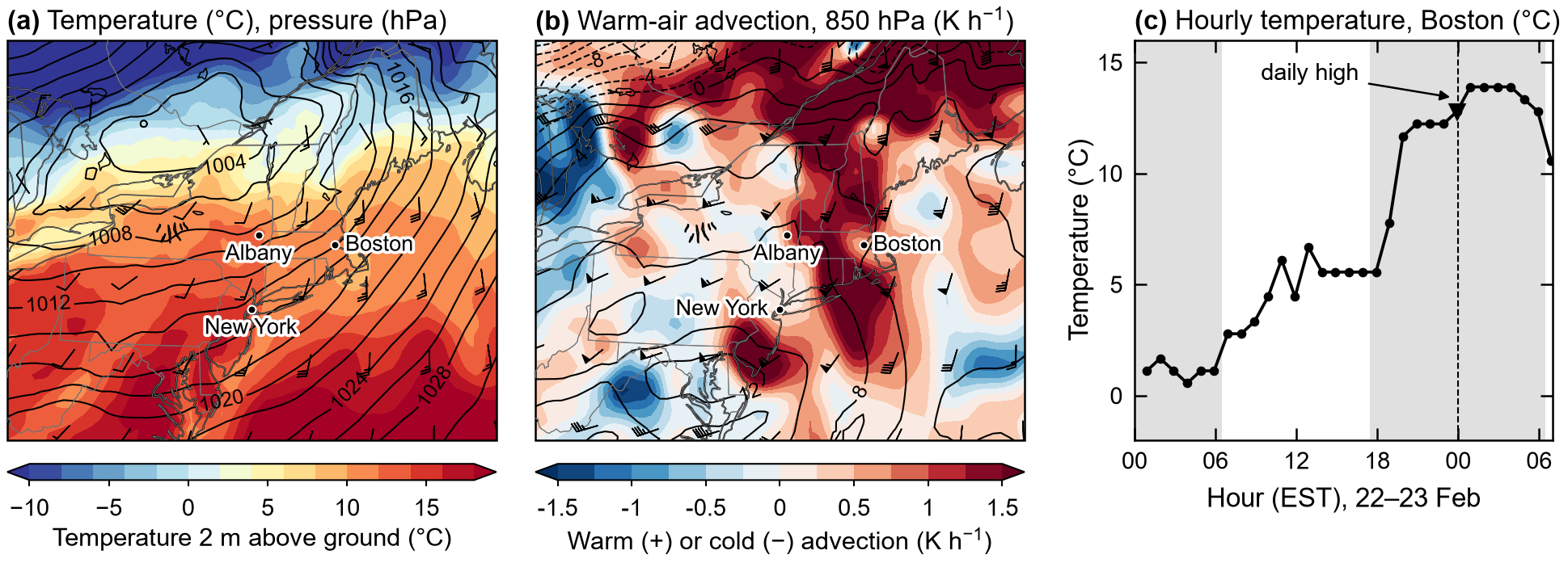 ERA5 maps for the overrunning case, 0300 UTC 23 February 2022, with Boston temperatures for 22–23 February
